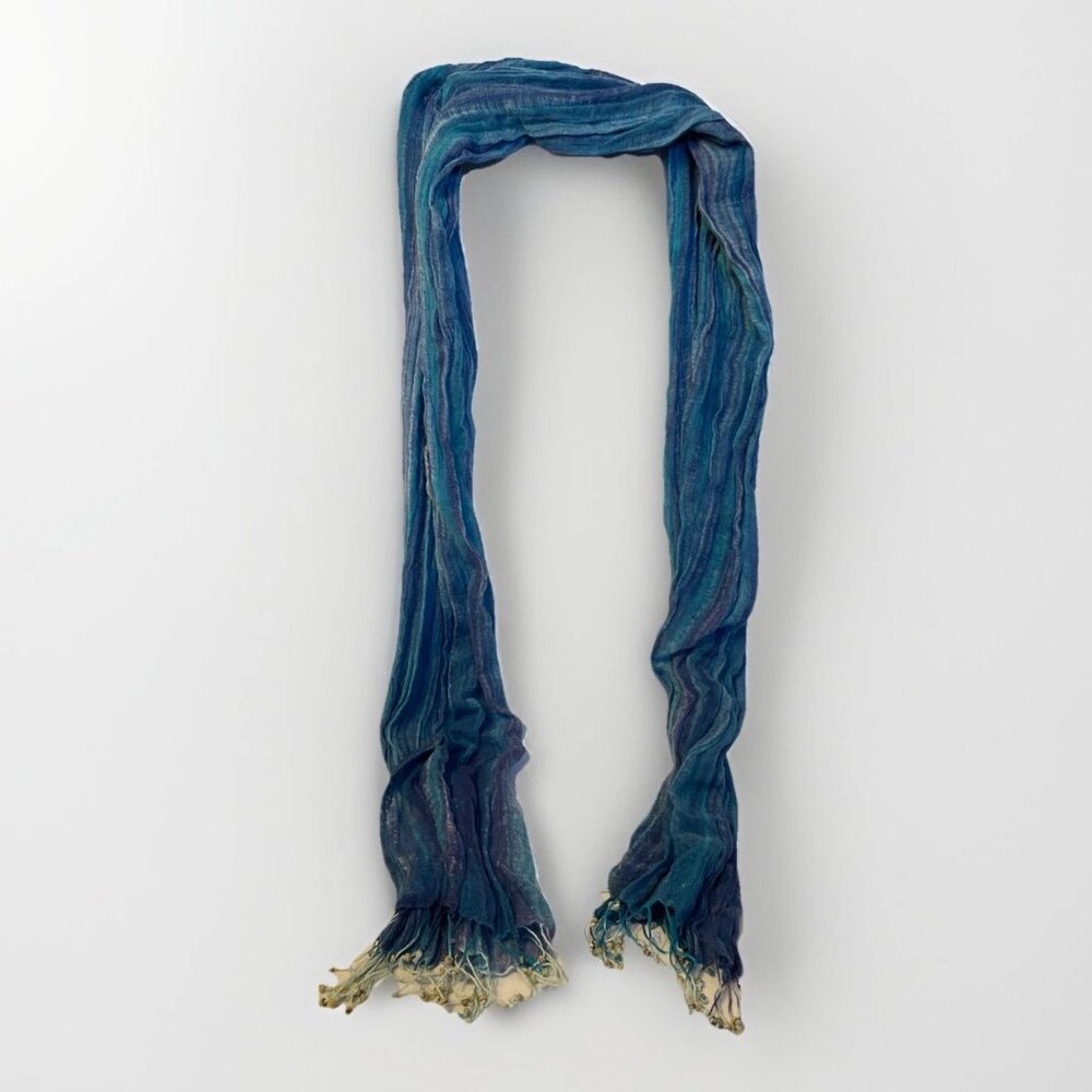 Nomadic Traders 70" x 30" Blue Green Striped Scarf Head Wrap Beaded Fringe